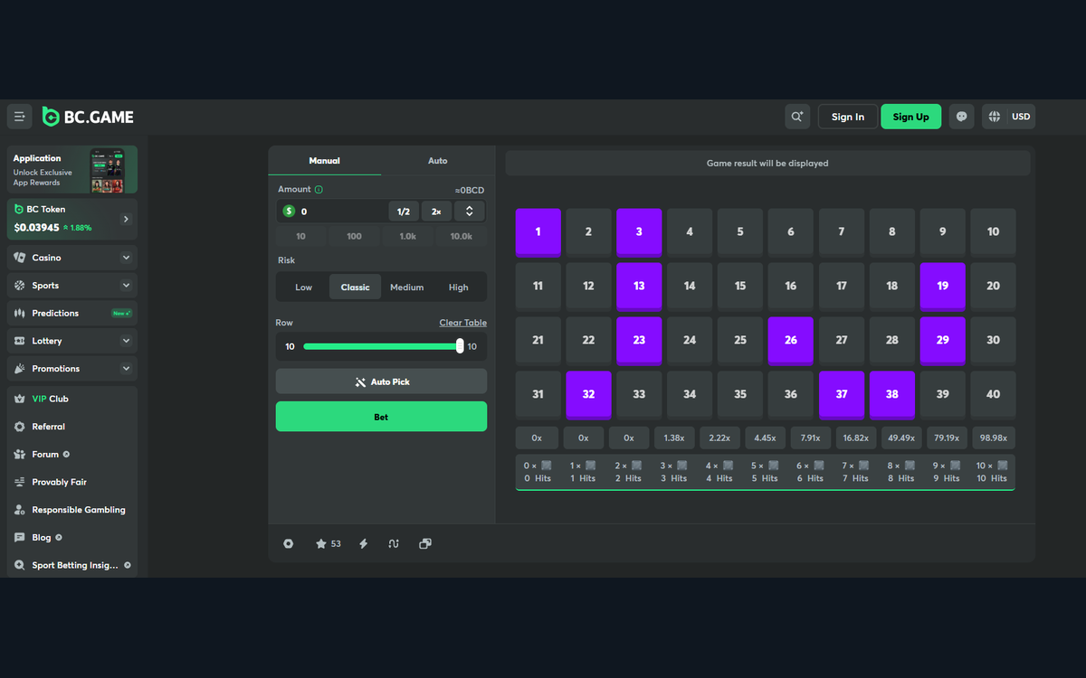 BC.Game Keno game screen with the pick-count slider and risk buttons