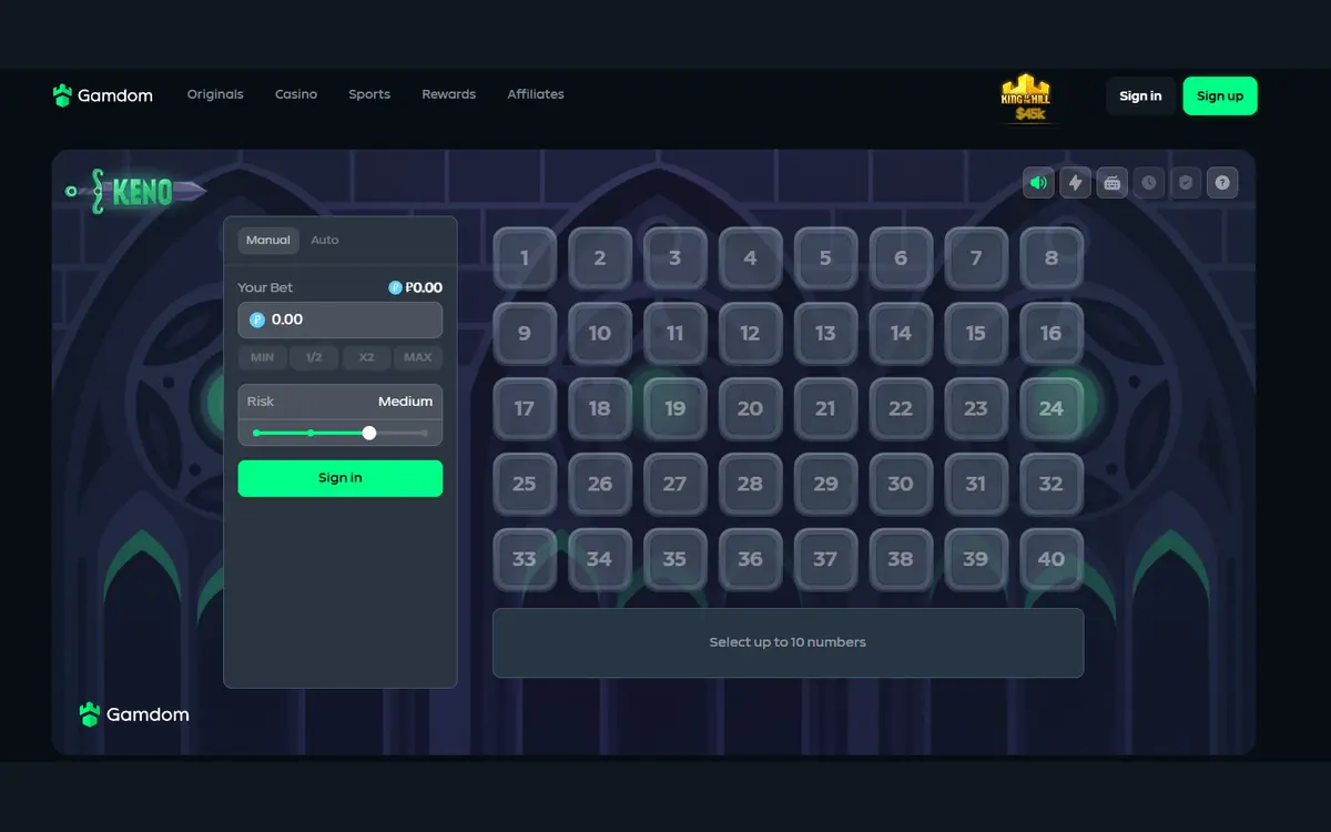 Gamdom Keno game screen with the risk slider and 40-number board