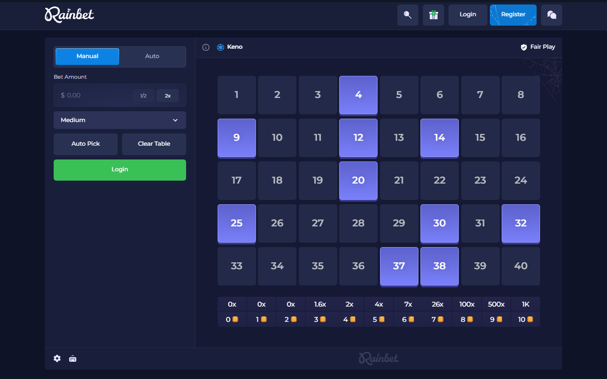 Rainbet Keno game screen with the five-level risk menu including Extreme