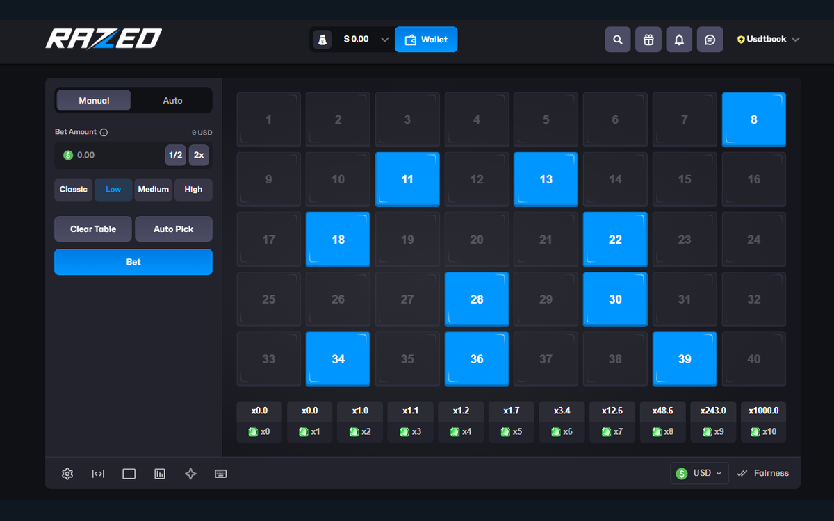 Razed Keno game screen as shown to logged-in players