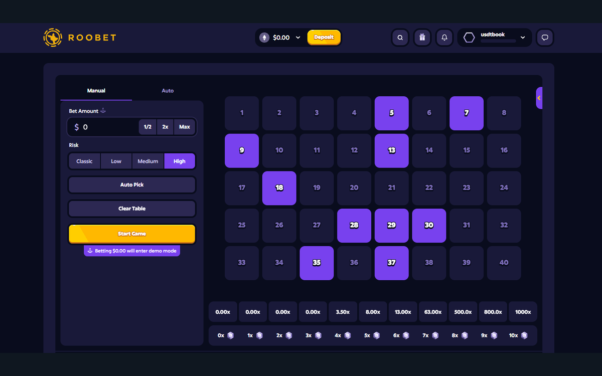 Roobet Keno game screen with Classic, Low, Medium and High risk buttons