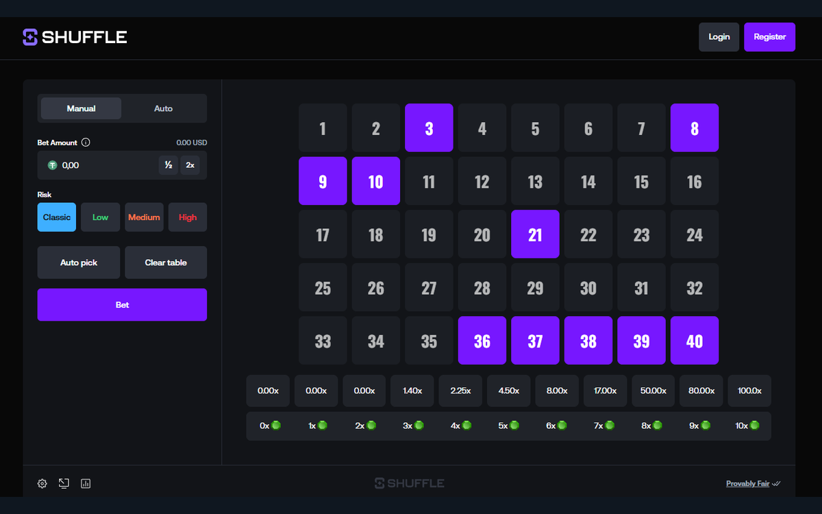 Shuffle Keno game screen: risk selector and 40-number board