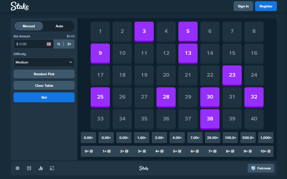 Stake Keno game screen: 40 numbers, difficulty selector and multiplier row